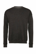 A plain dark gray crewneck sweatshirt, product code BE045 from Bella + Canvas, with long sleeves is displayed against a white background. The fabric looks soft and slightly textured, featuring ribbed cuffs and hem.
