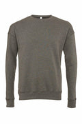 The Bella + Canvas BE045, a long-sleeve crew neck sweatshirt in plain olive green, is displayed against a white background.