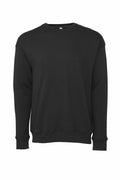 A Bella + Canvas BE045, a plain black crewneck sweatshirt, is set against a white background.