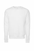 A plain, white sweatshirt from Bella + Canvas, model BE045, is displayed against a white background. This crew-neck sweatshirt features long sleeves and ribbed cuffs, with no visible designs or logos.