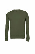 The Bella + Canvas BE045 is a plain, olive green long-sleeve sweatshirt featuring a round neckline, displayed on a white background. It includes ribbed cuffs and hem for added comfort and style.