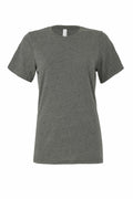 The image features a plain, short-sleeved gray T-shirt from Bella + Canvas. The shirt, identified as product BE046, boasts a simple design with a crew neckline and is free from any visible logos or patterns. It is portrayed against a white background.
