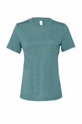 The BE046 from Bella + Canvas, a plain, short-sleeved teal crew neck t-shirt, is displayed against a white background.