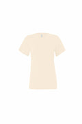An understated short-sleeve T-shirt from Bella + Canvas, model BE046, is displayed on a white background. The cream-colored T-shirt is shown from the back, emphasizing its minimalist design and round neckline.