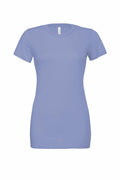 Displayed against a white background is the BE046 t-shirt by Bella + Canvas, featuring a plain, light blue color with short sleeves and a round neckline. The fabric looks soft and comfortable, tailored for a sleek fit.