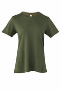 The Bella + Canvas BE046 plain olive green t-shirt, featuring a round neck and short sleeves, is displayed against a white background.