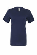 A Bella + Canvas BE046 T-shirt in plain navy blue set against a white background, featuring short sleeves and a round neckline.