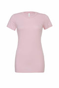 A plain light pink women's T-shirt, known as BE046 by Bella + Canvas, features short sleeves and a round neckline. Displayed against a white background, the T-shirt has a fitted cut and simple design.