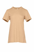 Product BE046, a light brown T-shirt by Bella + Canvas, is displayed on a white background. This short-sleeved shirt features a round neckline and is free from any visible designs or logos.