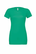 A plain green t-shirt, product name BE046 by Bella + Canvas, with short sleeves displayed on a white background. The shirt is simple and unadorned, showcasing a classic crew neck design.