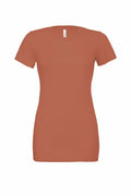 The BE046 by Bella + Canvas is showcased against a white backdrop, featuring a rust-colored women's T-shirt with short sleeves, a slim fit, and a round neckline.