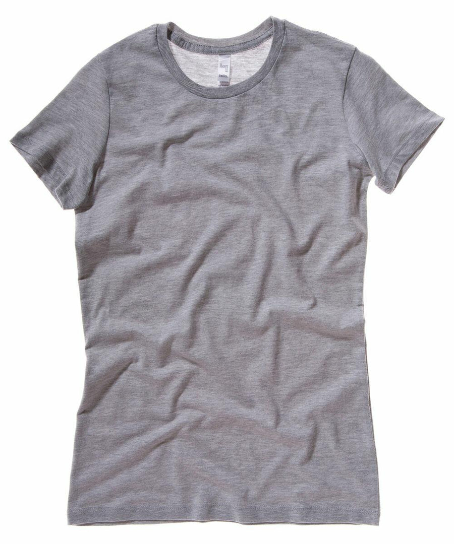 The Bella + Canvas BE076 gray short-sleeve T-shirt with a round neckline laid flat against a white background.