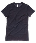 The Bella + Canvas BE076, a plain black T-shirt, is laid flat against a white background.