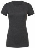 A plain dark gray T-shirt from Bella + Canvas, product name BE076, displayed against a white background. The T-shirt features a crew neckline and short sleeves without any visible logos or designs.