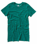 A plain green t-shirt from Bella + Canvas, product code BE076, is shown against a white background. The shirt is crafted from soft cotton and has a slightly wrinkled appearance.