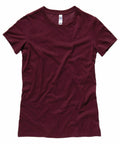 A plain, short-sleeved T-shirt from Bella + Canvas, product name BE076, is laid flat on a white background. The maroon shirt features a round neckline and a simple, solid color design.