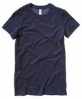 A plain dark blue Bella + Canvas BE076 T-shirt against a white background, featuring short sleeves and a simple crew neckline. The fabric looks smooth with slight wrinkles, suggesting softness and a casual style.