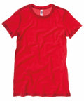 A Bella + Canvas BE076 plain red short-sleeved T-shirt with a round neckline displayed against a white background, showcasing soft and slightly wrinkled fabric.