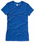 A vibrant blue short-sleeve t-shirt from Bella + Canvas, model BE076, showcased on a white background. The shirt has a plain, simple, and classic design.