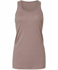 A plain brown sleeveless tank top from Bella + Canvas, model BE089, featuring a round neckline and showcased on a white background. The fabric looks soft and lightweight.
