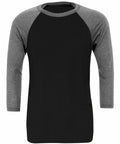 Bella + Canvas BE100: A raglan-style shirt in black and gray with three-quarter length sleeves.