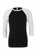 A Bella + Canvas BE100 black and white raglan 3/4 sleeve t-shirt displayed on a plain white background.