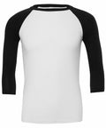 Presenting the Bella + Canvas BE100: a stylish shirt featuring a white body with contrasting black three-quarter length sleeves, set against a plain backdrop.