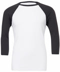 Product Description: The BE100 by Bella + Canvas is a raglan-style shirt featuring three-quarter length sleeves. It has a white body with contrasting black sleeves and shoulders, displayed against a white background.