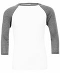 A Bella + Canvas BE100 raglan t-shirt featuring white fabric with gray three-quarter length sleeves, showcased on a simple background.