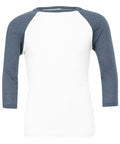 A Bella + Canvas BE100 raglan baseball shirt featuring a plain white body with three-quarter length gray sleeves.