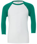 A Bella + Canvas BE100 baseball-style shirt featuring green three-quarter-length raglan sleeves and a white body.