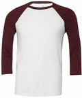 The BE100 shirt from Bella + Canvas is a white baseball-style top featuring three-quarter length burgundy raglan sleeves.