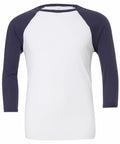 A Bella + Canvas BE100 T-shirt featuring a white body with navy blue raglan sleeves.