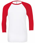 The Bella + Canvas BE100 is a white raglan t-shirt featuring red three-quarter sleeves, set against a plain background.