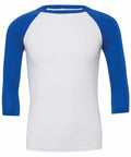 The BE100 from Bella + Canvas is a white raglan baseball shirt featuring three-quarter length blue sleeves, offering a simple and casual design.