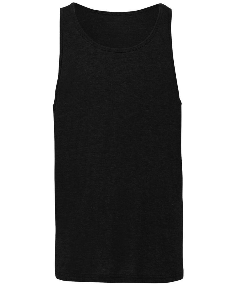 A Bella + Canvas BE104 plain black sleeveless tank top, showcased against a white background.