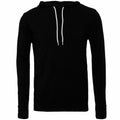 A Bella + Canvas BE105 hoodie featuring a black design with white drawstrings and a front pocket.