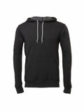 A plain dark gray BE105 hoodie from Bella + Canvas, featuring a front pocket and white drawstrings, laid flat against a white background.