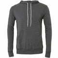 Introducing the Bella + Canvas BE105, a sleek dark gray hoodie featuring a convenient front pocket and contrasting white drawstrings. The product is showcased against a clean white backdrop.