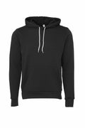 A Bella + Canvas BE105 hoodie in black, featuring a front pocket and white drawstrings, displayed against a plain white background.