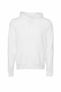 The BE105 hoodie by Bella + Canvas, featuring long sleeves, a front pocket, and a drawstring hood in plain white, is displayed against a white background.