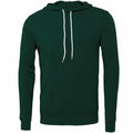 A Bella + Canvas BE105 hoodie in dark green is showcased against a plain white background. Featuring white drawstrings and a front pocket, the design is minimalistic, and the fabric looks soft and comfortable.
