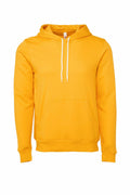 The Bella + Canvas BE105 hoodie, featuring vivid yellow fabric, a front pocket, and white drawstrings, is showcased against a plain white background to emphasize its striking color and minimalist design.