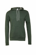 Bella + Canvas's BE105 is a plain dark green hoodie that features a white drawstring, long sleeves, and a front pocket. It is showcased against a white background.