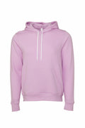 Introducing the Bella + Canvas BE105: a light pink hoodie featuring a front pocket and white drawstrings, showcased elegantly against a plain white background.
