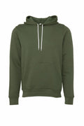 The Bella + Canvas BE105 is a green hooded sweatshirt with white drawstrings. It features a front pocket and is displayed on a plain white background.
