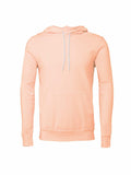 Product Name: BE105 by Bella + Canvas - A peach-colored hoodie featuring a front pocket and drawstring hood, displayed on a plain white background. The hoodie has long sleeves and a relaxed fit, making it perfect for casual wear.