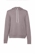The Bella + Canvas BE105 is a light gray hoodie featuring white drawstrings. It includes a front pocket and has ribbed cuffs and hem, offering a simple and casual design perfect for everyday wear.