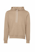 The Bella + Canvas BE105 is a plain beige hooded sweatshirt featuring white drawstrings and a front pocket, showcased against a white background. It includes long sleeves and ribbed cuffs.