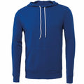 The Bella + Canvas BE105 is a plain blue hoodie featuring a front pocket and white drawstrings.